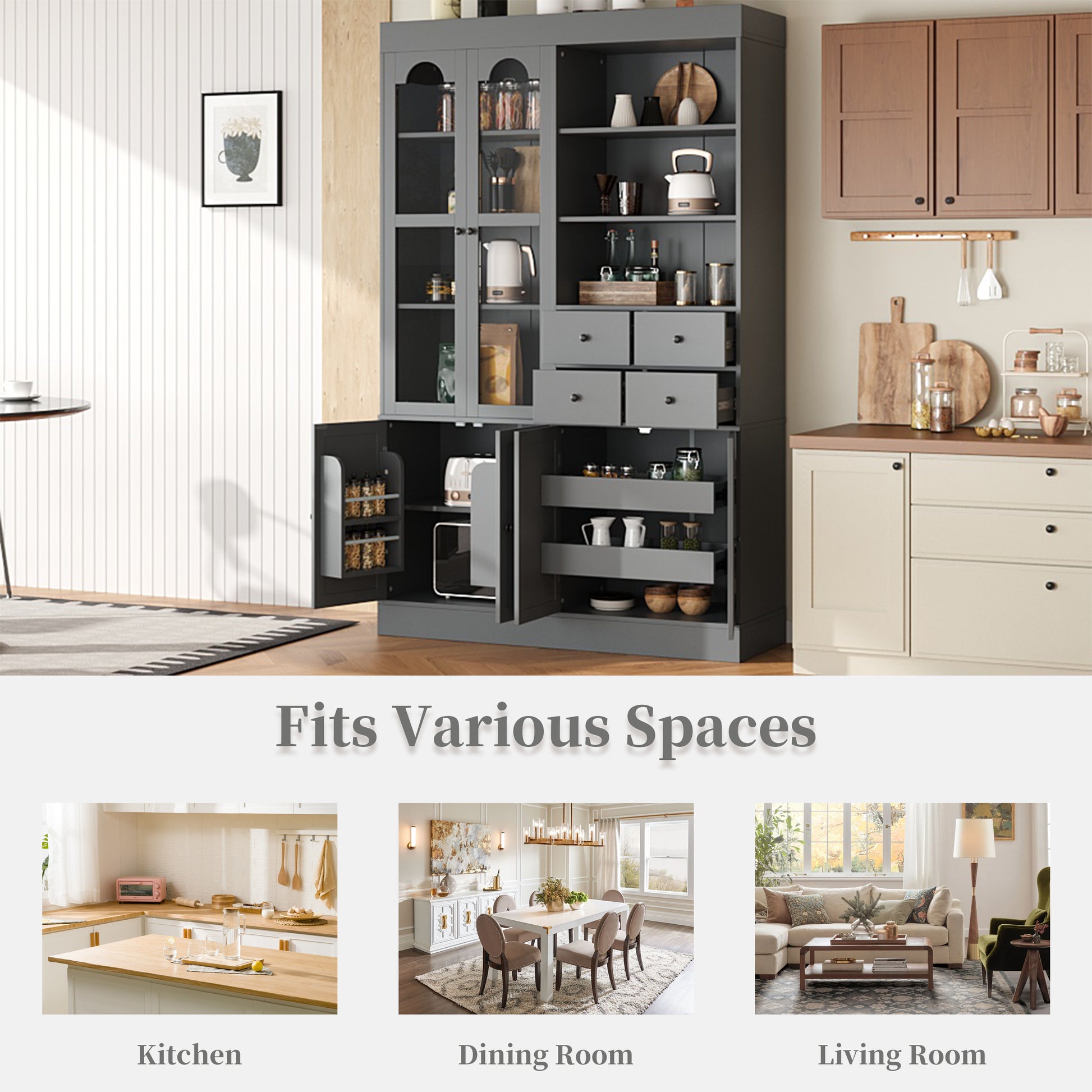[Assembly Video Provided] TOPMAX 47.2x15.7x75inch Freestanding Buffet with Hutch, Tall Kitchen Pantry Cabinet with 4 Drawers, Door Shelves and Pull-out Trays for Dining room, Living Room, Gray image 10