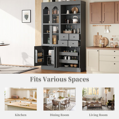 [Assembly Video Provided] TOPMAX 47.2x15.7x75inch Freestanding Buffet with Hutch, Tall Kitchen Pantry Cabinet with 4 Drawers, Door Shelves and Pull-out Trays for Dining room, Living Room, Gray image 10
