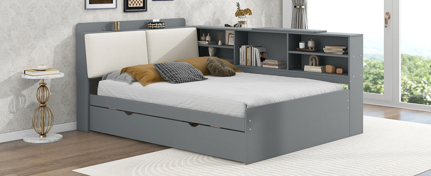 Wood Full Size platform bed with Trundle, Shelves and Storage Headboard, Gray image 6
