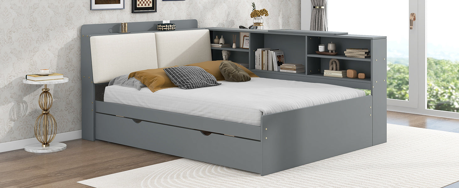 Wood Full Size platform bed with Trundle, Shelves and Storage Headboard, Gray image 6