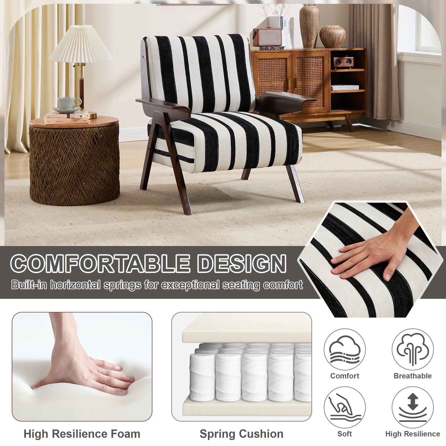 Modern armchair Widened armrests on both sides Solid wood legs Comfortable to sit on, casual reading chair, living room, bedroom, office Black and white stripes(One Pack) image 6