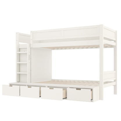 Twin over Twin Bunk Bed with 4 Storage Drawers, Solid Wood Bunk Bed with Built-in Wardrobe and Full-length Guardrails, No Box Spring Needed, Ivory image 12