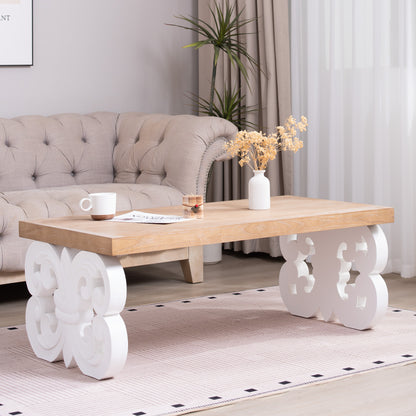 Ornate Wood Coffee Table – 47" Rectangular Farmhouse Style Table with White Carved Base and Natural Wood Top – Living Room Accent Table – Elegant Centerpiece for Modern or Traditional Decor image 1