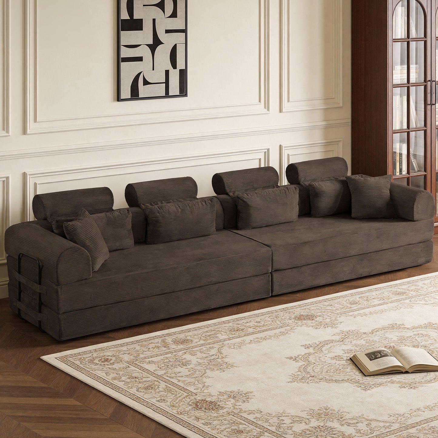 L shape Modular Sectional Sofa, Compressed Sectional Sofa Modern Minimalist Style Corduroy Couch,Unfold into a bed, Bedroom, Comfy Compressed Sofa Couch Space-Efficient Design(Brown) image 3