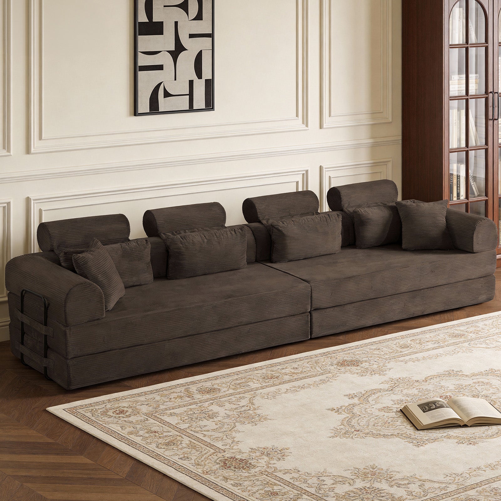 L shape Modular Sectional Sofa, Compressed Sectional Sofa Modern Minimalist Style Corduroy Couch,Unfold into a bed, Bedroom, Comfy Compressed Sofa Couch Space-Efficient Design(Brown) image 3