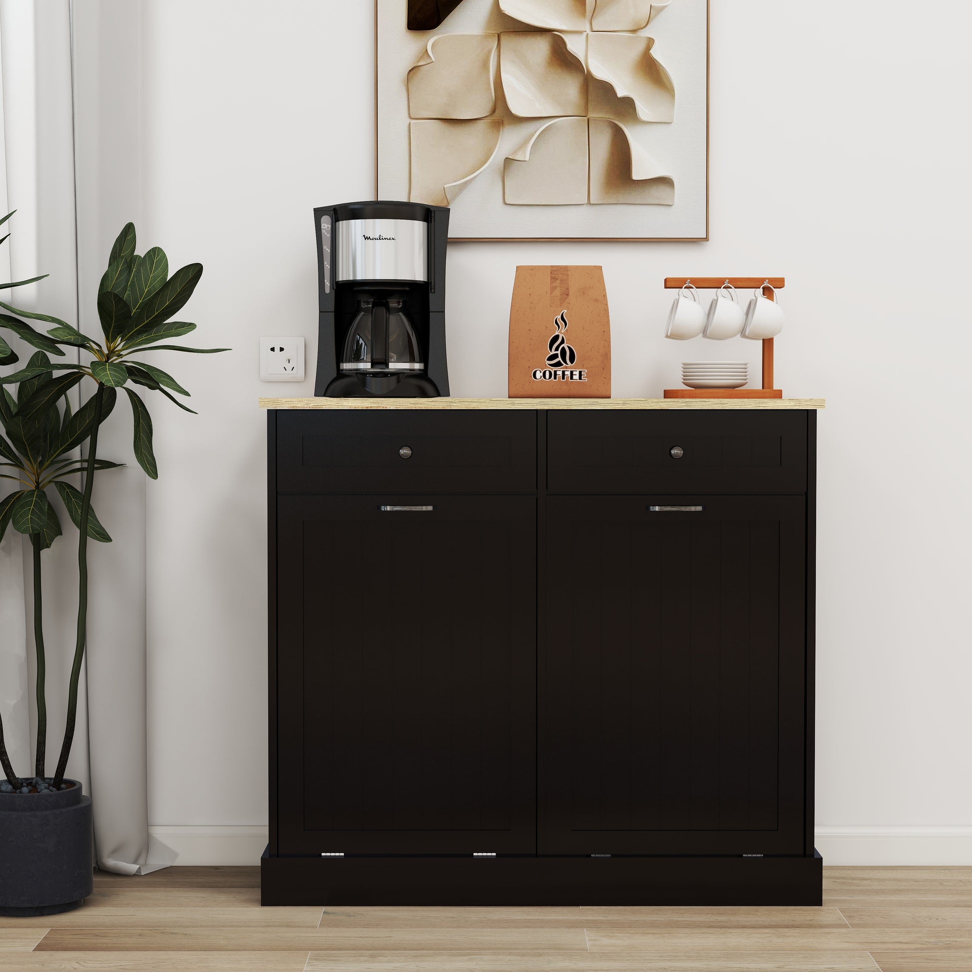 Two Drawers and Two-Compartment Tilt-Out Trash Cabinet Kitchen Trash Cabinet-Black image 3