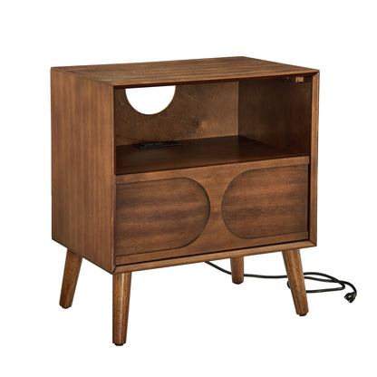 Mid Century Modern Fluted Nightstand with Charging Station USB Ports & Outlet Hole & 4 Solid Wood Legs, Farmhouse End Table with Open Space and Drawer Dresser, Walnut image 11