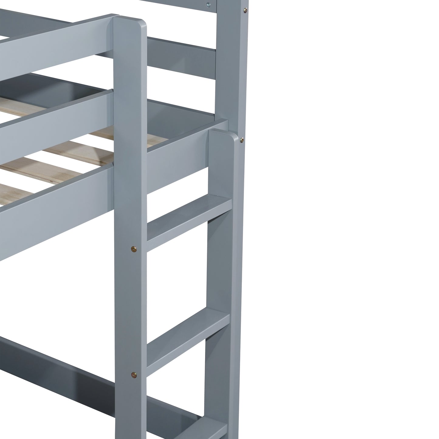 Solid Wooden, Solid Rubber Wooden Twin over Twin Floor Bunk Bed with Ladder, with Bed Platform of Strengthened Slats, Grey image 2