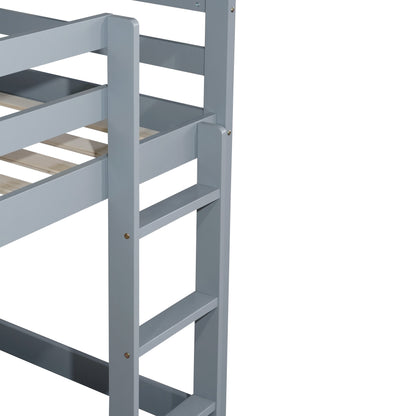 Solid Wooden, Solid Rubber Wooden Twin over Twin Floor Bunk Bed with Ladder, with Bed Platform of Strengthened Slats, Grey image 2