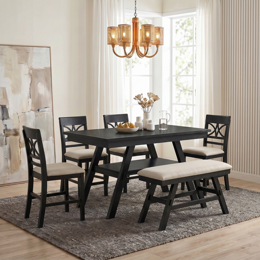 TOPMAX 6-Piece Wood Counter Height Dining Table Set with Storage Shelf, Kitchen Table Set with Bench and 4 Chairs,Rustic Style,Espresso+Beige Cushion (old sku: N717S000257AAP) image 1