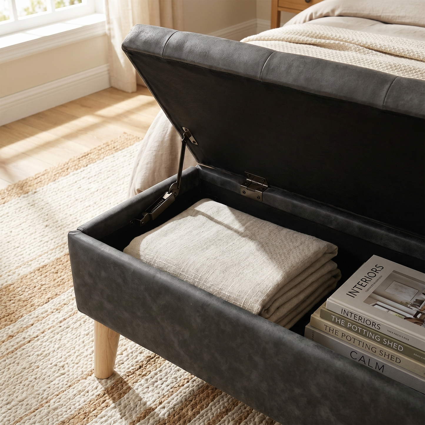 32" Wide Storage Ottoman Bench with Built-in Tray, Square Storage Ottoman for Extra Storage, Upholstered Footrest and End of Bed Bench, Perfect for Living Room, Bedroom, Sitting, Relaxing, Modern Stit image 8