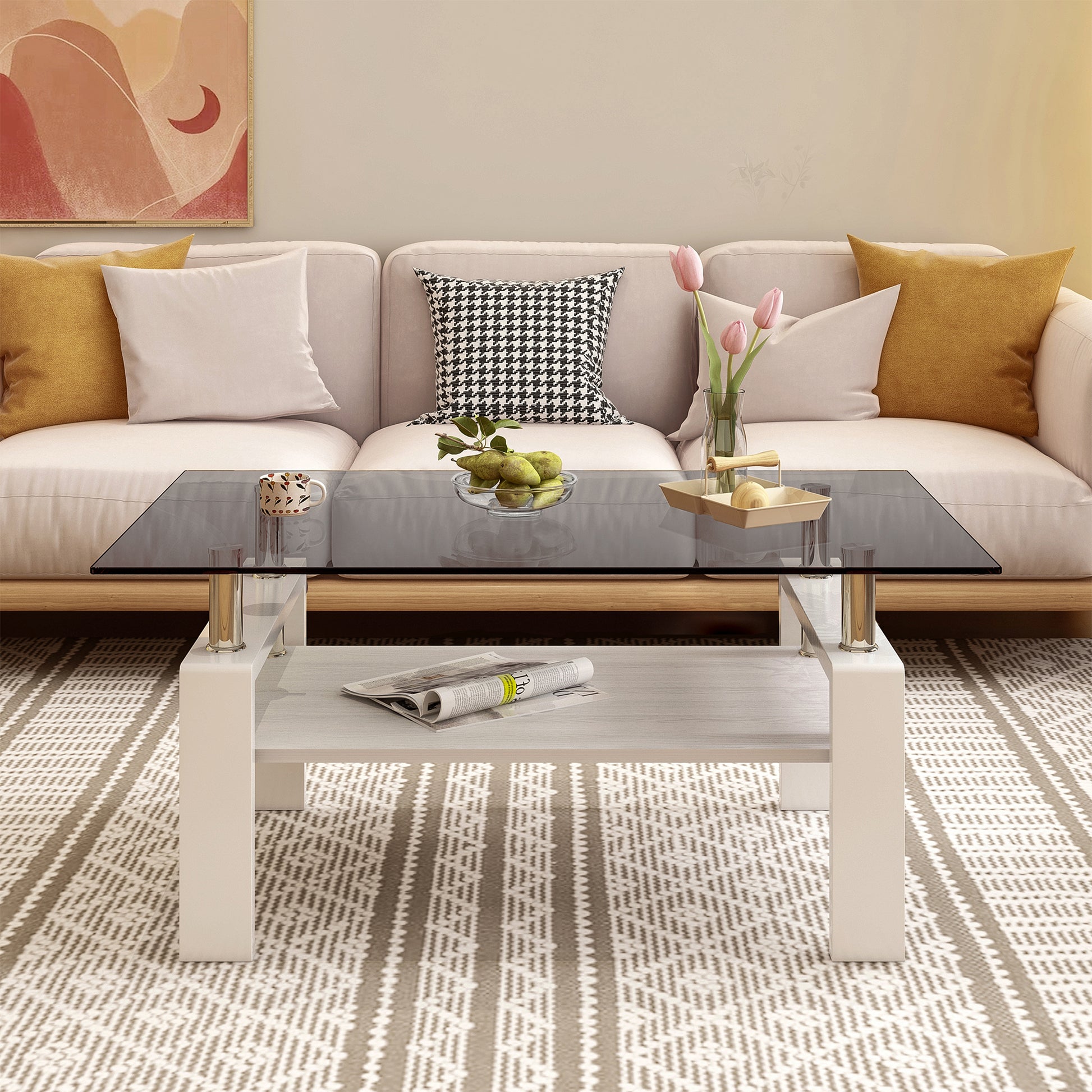 Rectangle Coffee Table, Tempered Glass Tabletop with MDF Layer, Modern Table for Living Room, Gray Glass image 1