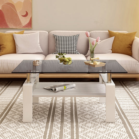 Rectangle Coffee Table, Tempered Glass Tabletop with MDF Layer, Modern Table for Living Room, Gray Glass image 1