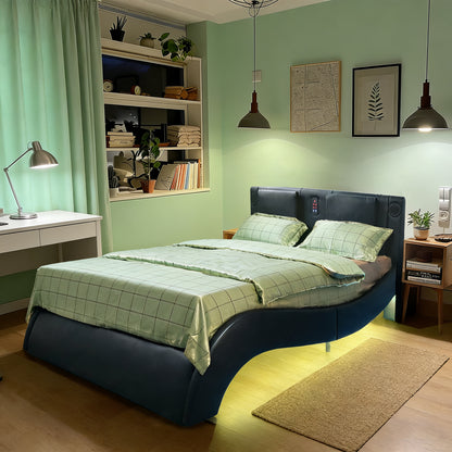 Faux Leather Upholstered Platform Bed Frame with led lighting, Bluetooth connection to play music control, Backrest vibration massage, Curve Design, Wood Slat Support, Exhibited Speakers, King Size image 4