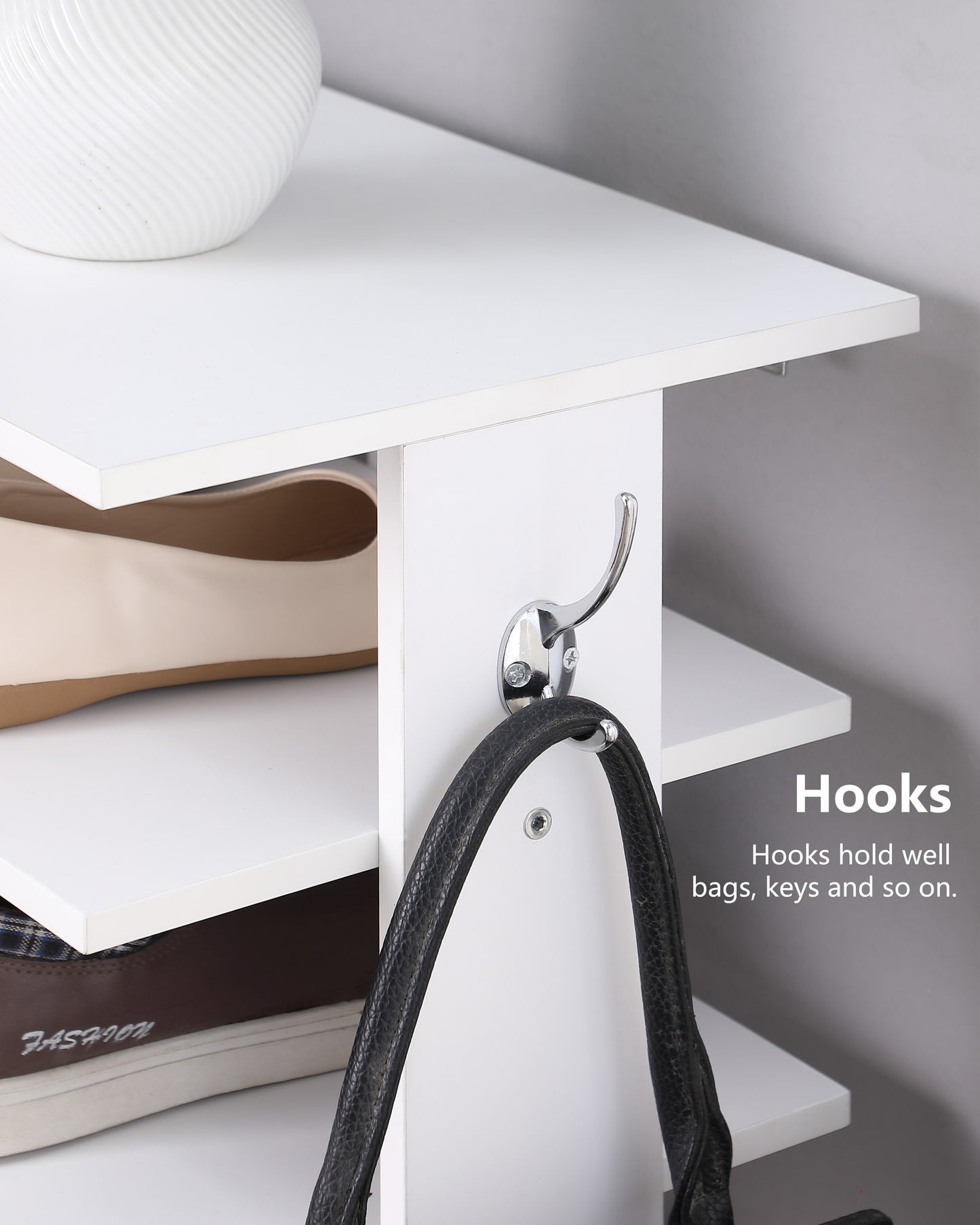 Vertical Shoe Rack,7 Tier Shoe Storage Organizer with Hooks, Entryway Shoe Tower,Vertical Shoe Organizer,Vertical Shoe Organizer,White image 4