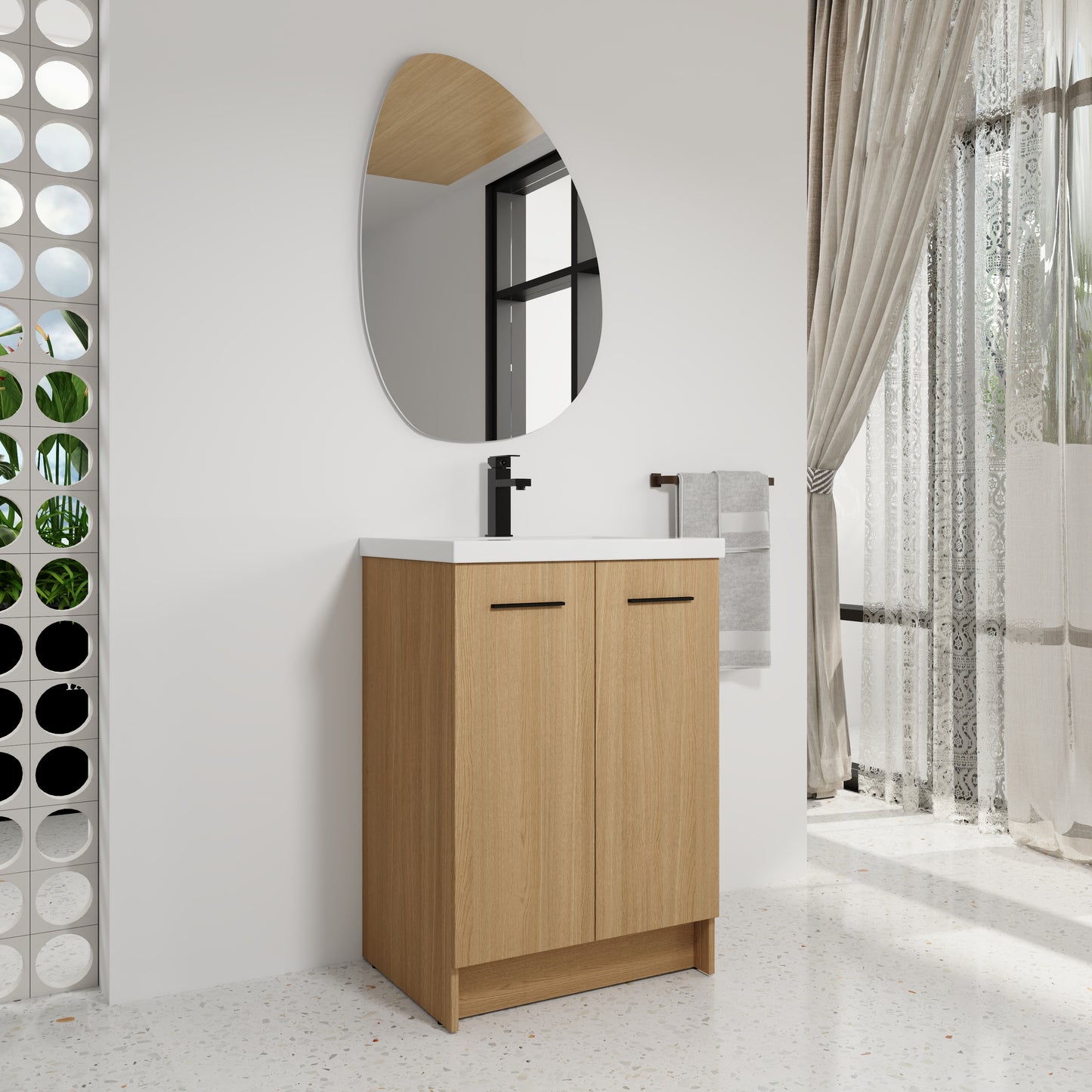 24" Freestanding Bathroom Vanity with Resin Sink, Light Oak, Double Door Storage, KD (Ready-to-Assemble), Includes Black & Brushed Aluminum Handles image 2