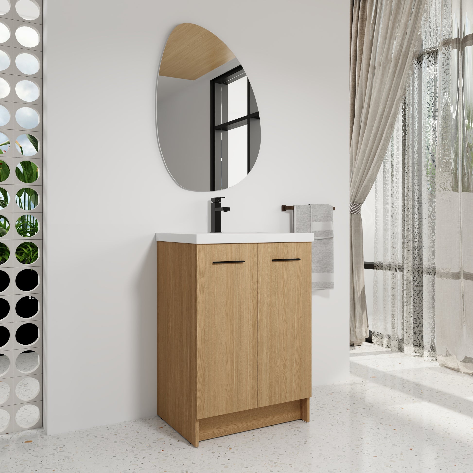 24" Freestanding Bathroom Vanity with Resin Sink, Light Oak, Double Door Storage, KD (Ready-to-Assemble), Includes Black & Brushed Aluminum Handles image 2