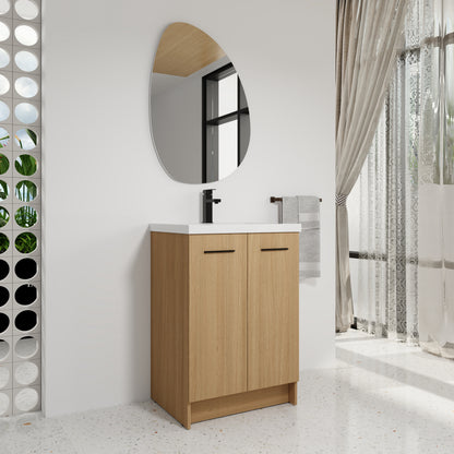 24" Freestanding Bathroom Vanity with Resin Sink, Light Oak, Double Door Storage, KD (Ready-to-Assemble), Includes Black & Brushed Aluminum Handles image 2