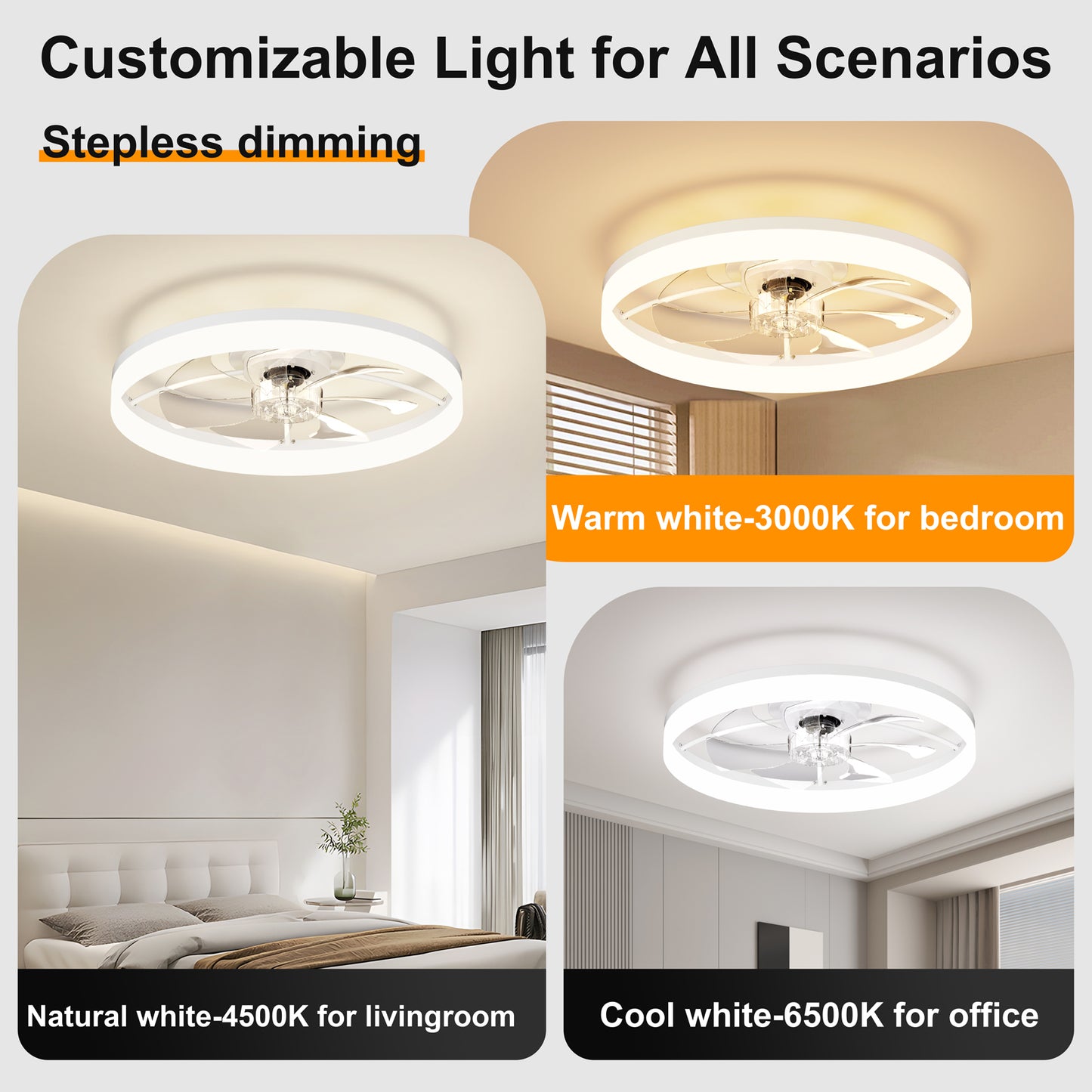Ultra-Thin WHITE Ceiling Fan Light with Remote & App Control – 23.6'' Modern Flush Mount Fan Lamp, 6 Fan Speeds, Dimmable Brightness, 3000K-6500K Color Temperature for bedroom living room image 2