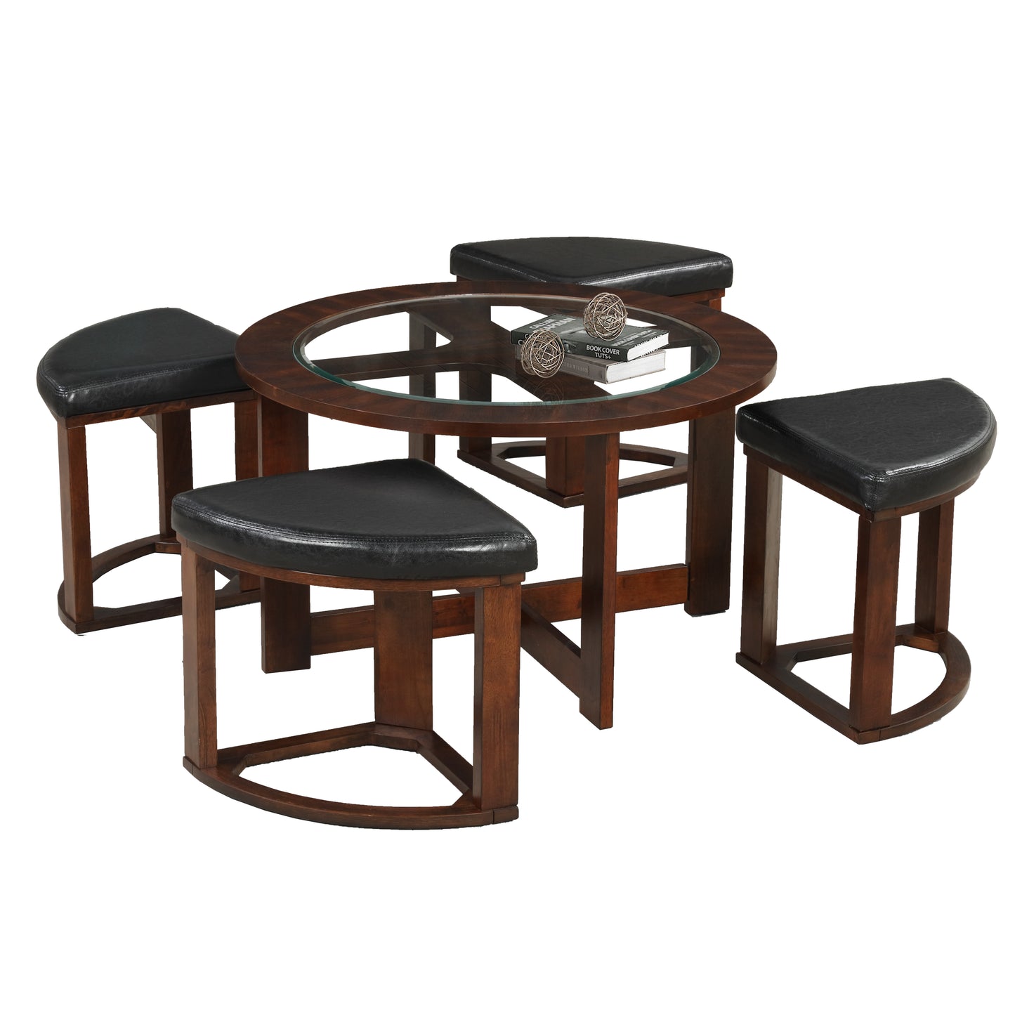 Cylina Solid Wood Glass Top Round Table Set, Coffee Table with 4 Stools image 6
