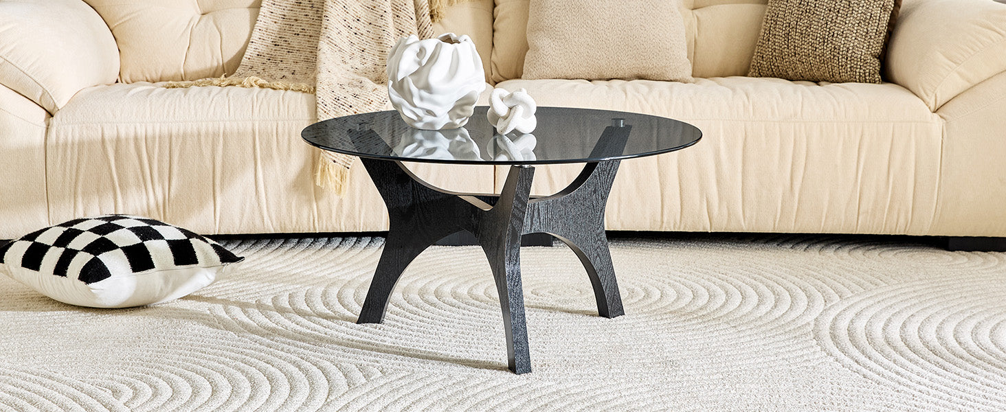 31.5" Glass Coffee Table, Mid-Century Modern Style, Ideal as a Centerpiece for Living Rooms, Bedrooms, Reception Areas, and Offices (Black Wood Grain) image 8