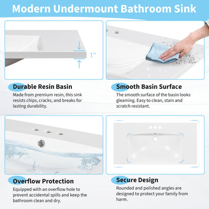 [Sink Only] 36x18" Rectangular 3 Hole Bathroom Resin Sink, Vanity Top Sink Only, Fits 4" Center Faucet, White (Faucet and cabinet not included) image 3