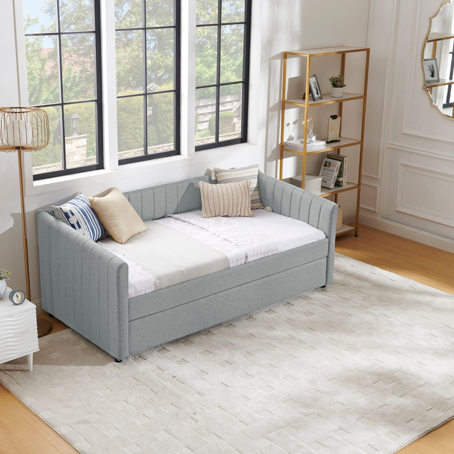 Twin Size Daybed with Trundle Upholstered Sofa Bed, with Vertical Stripes, Linen Fabric, Grey (82.5"x43"x30") image 11