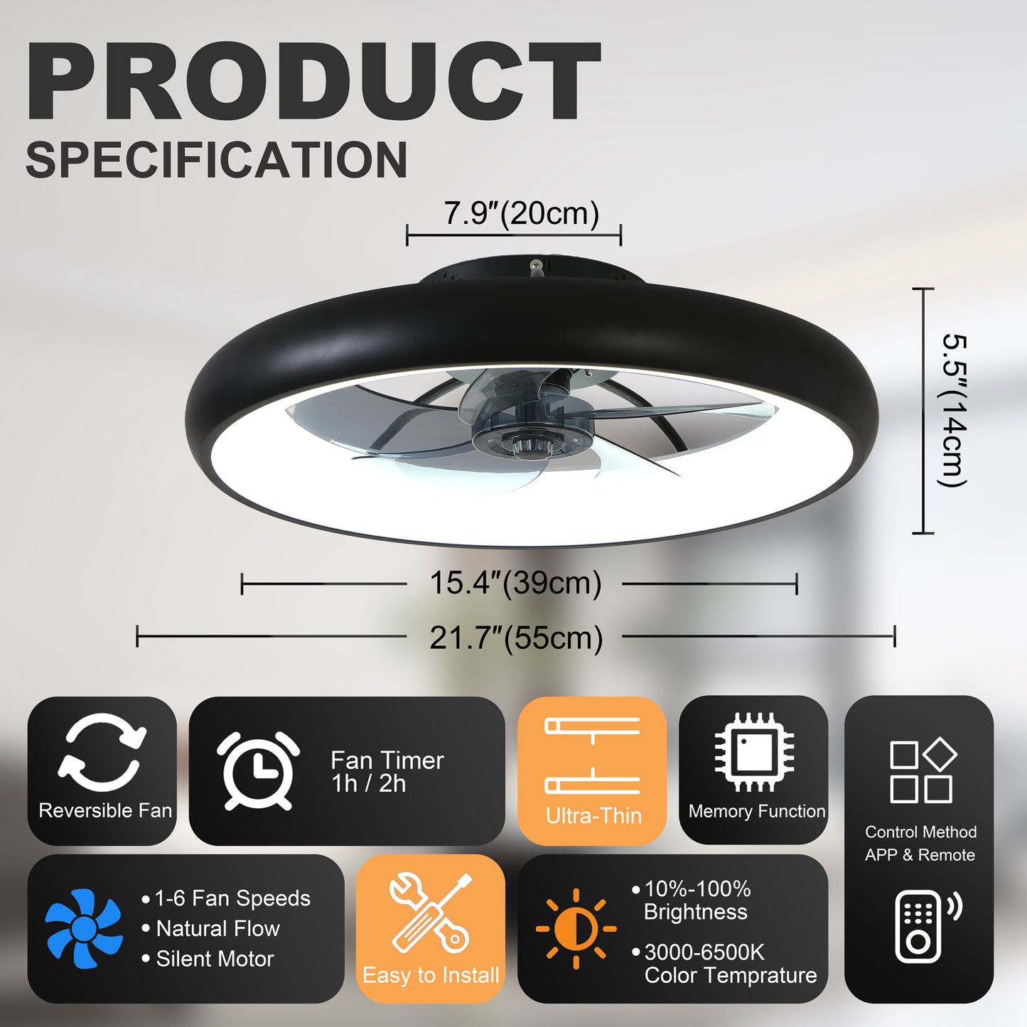 Ultra-thin ceiling fan with LED light - product overview