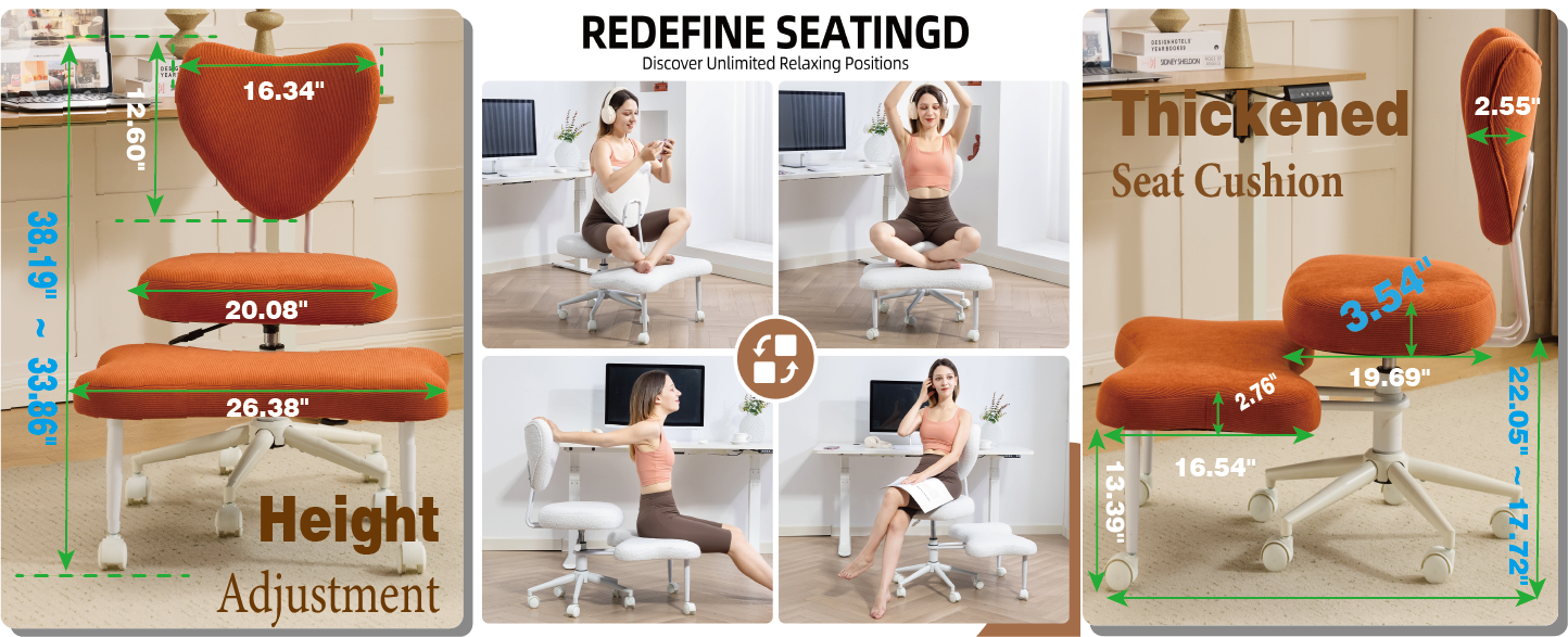 Meditation chair, an ergonomic cross-legged seating chair with lumbar support and a height-adjustable seat cushion, ideal for people engaged in high-intensity office work. ORANGE image 4