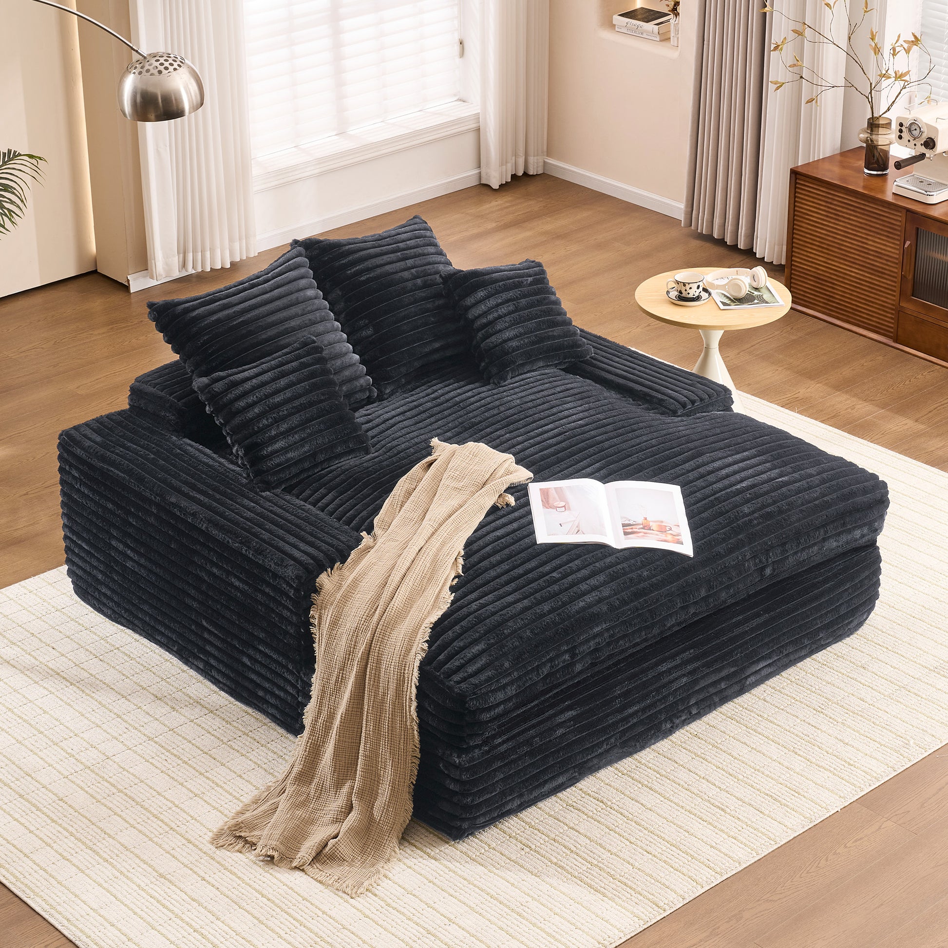 028DR-Oversized chaise Lounge chair, Upholstered Sleeper Sofa Bed with 4 Throw Pillows and Armrests, Corduroy Fabric Plush Lounge Chair Bed for Living Room, Apartment & Small Spaces, Gray image 11
