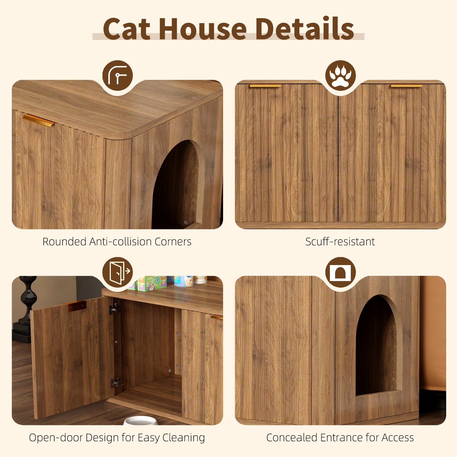 31.5" Walnut Cat Litter Box Enclosure Furniture, Large Decorative Hidden Litter Box Cabinet, Fluted Mid Century Modern Kitty End Table for Living Rooms, Bedrooms, Entryways (WALNUT) image 9