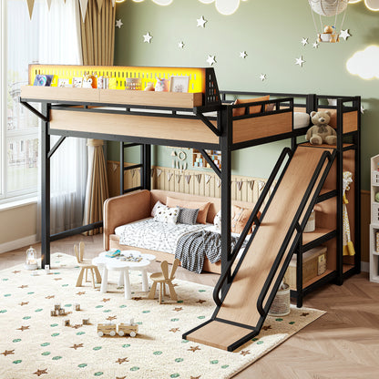 Queen Size Loft Bed with Slide, Storage Shelves and Built-in Wardrobe, Metal Loft Bed Frame with USB Ports and LED Lights, with Pegboard, Safety and Solid, Natural image 4