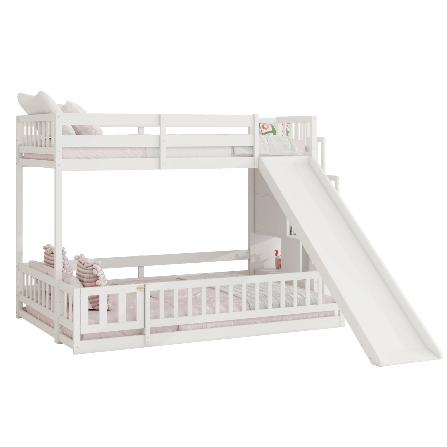 Twin Over Full Bunk Bed with Slide, Storage Staircase, Pine Solid Wooden Bunk Bed with Safety Guardrails,White (Old Sku W504S00185) image 12