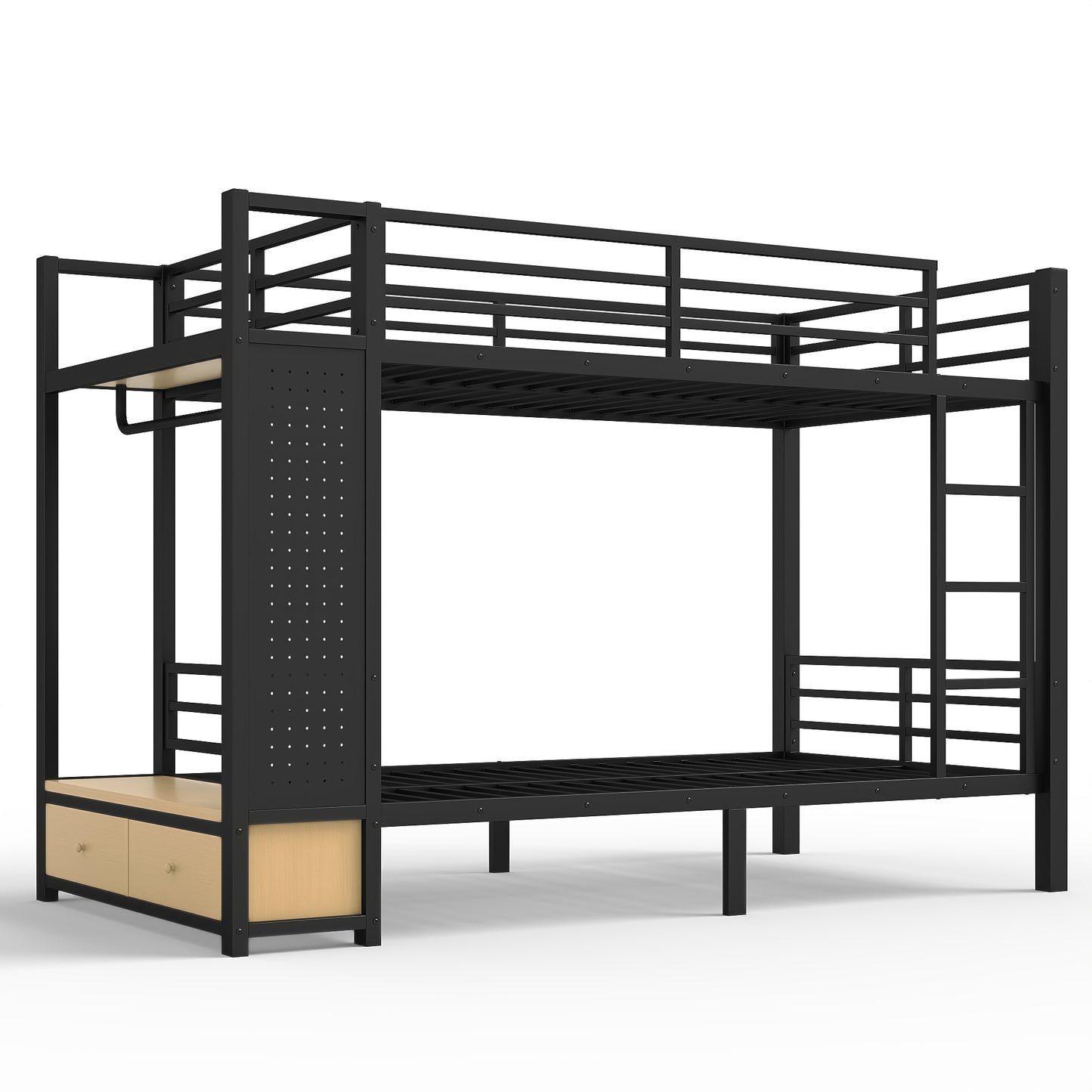 Twin XL over Twin XL size Metal Bunk Bed for Teens with Storage Shelves,Drawers and Pegboard,Black image 10