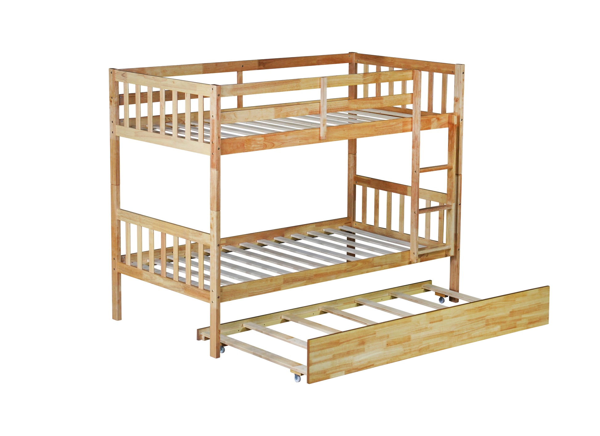 Twin Over Twin Rubber Wood Bunk Bed with Trundle, Convertible into 2 Twin Size Beds, Twin Size Bunk Bed with Ladder and Safety Guardrails,White Oak image 10
