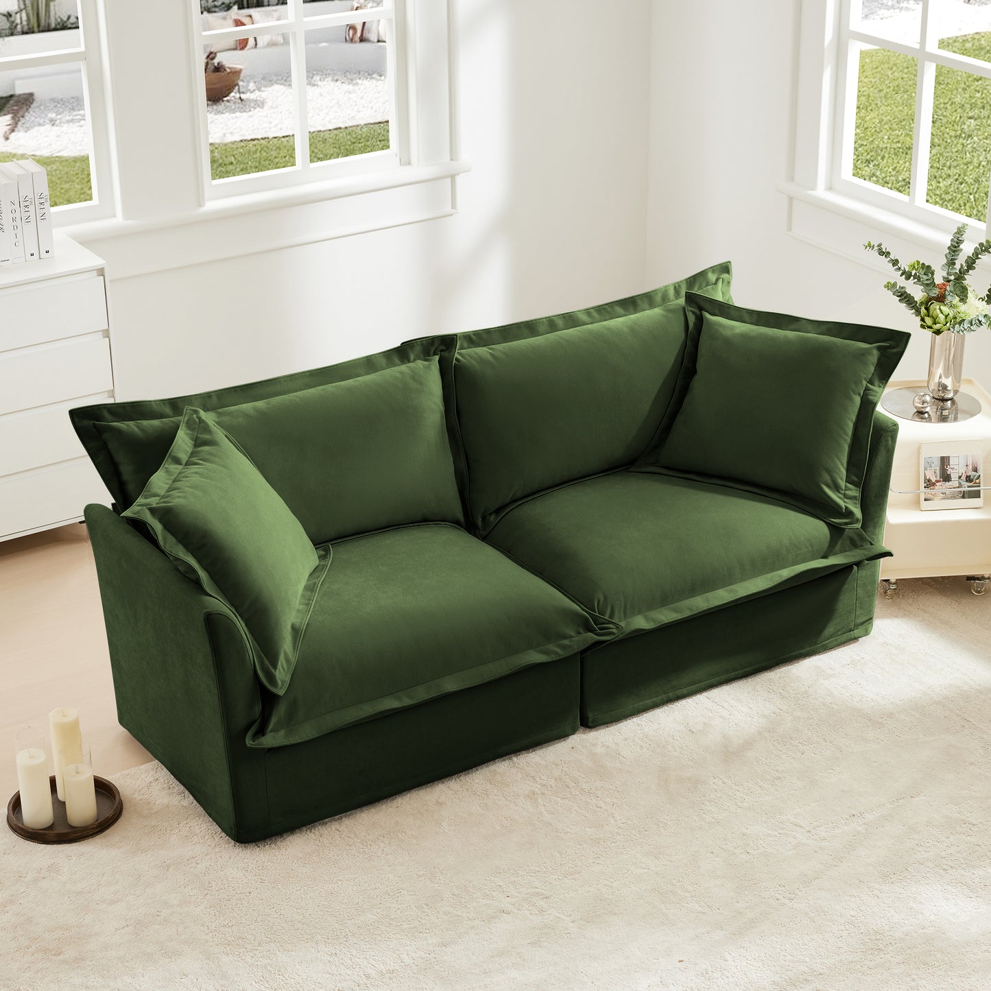Modern Slipcovered 2-Seat Sofa Couches for Living Room, 2 Seater Sofa, Plain Chenille Deep Seat Sofa with Upholstered Cushion&Detachable Cover, Comfy Sofa Couch for Small Space, Apartment, Green image 4