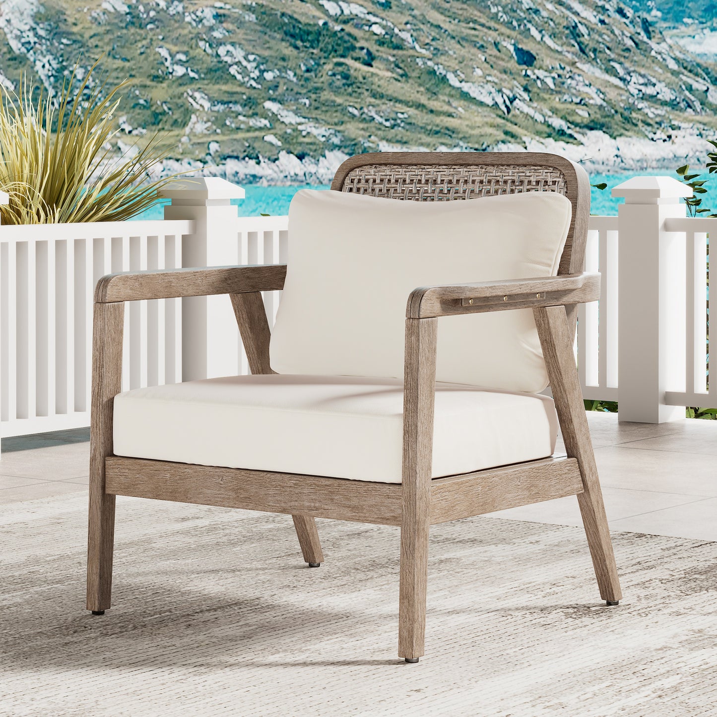 Outdoor Acacia Wood Patio Club Chair, Patio Furniture,Waterproof Thick Cushion Deep Seating for Porch, Garden, Backyard, Balcony, Weight Capacity 400lbs, Light Brown finish, Cream cushion image 5
