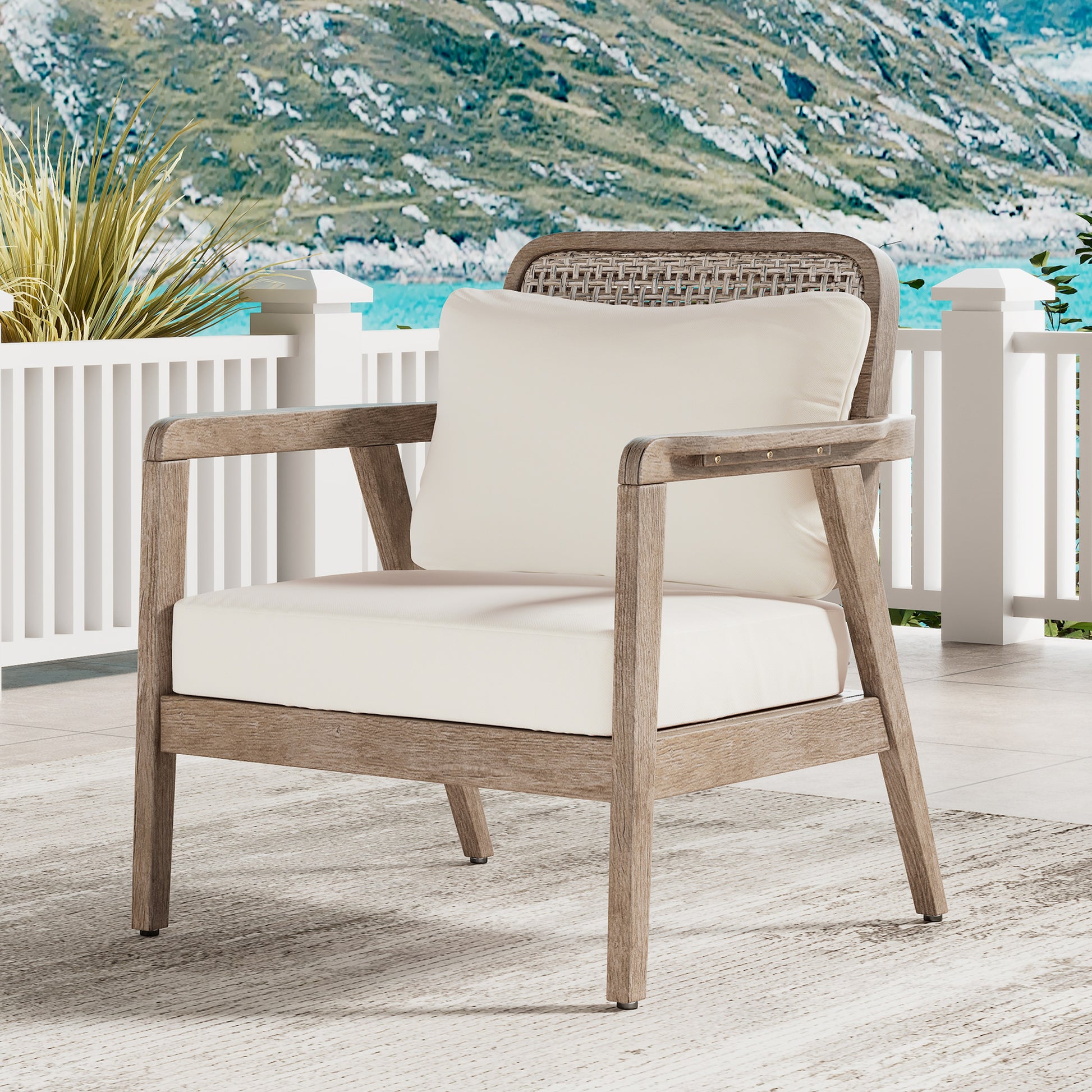 Outdoor Acacia Wood Patio Club Chair, Patio Furniture,Waterproof Thick Cushion Deep Seating for Porch, Garden, Backyard, Balcony, Weight Capacity 400lbs, Light Brown finish, Cream cushion image 5