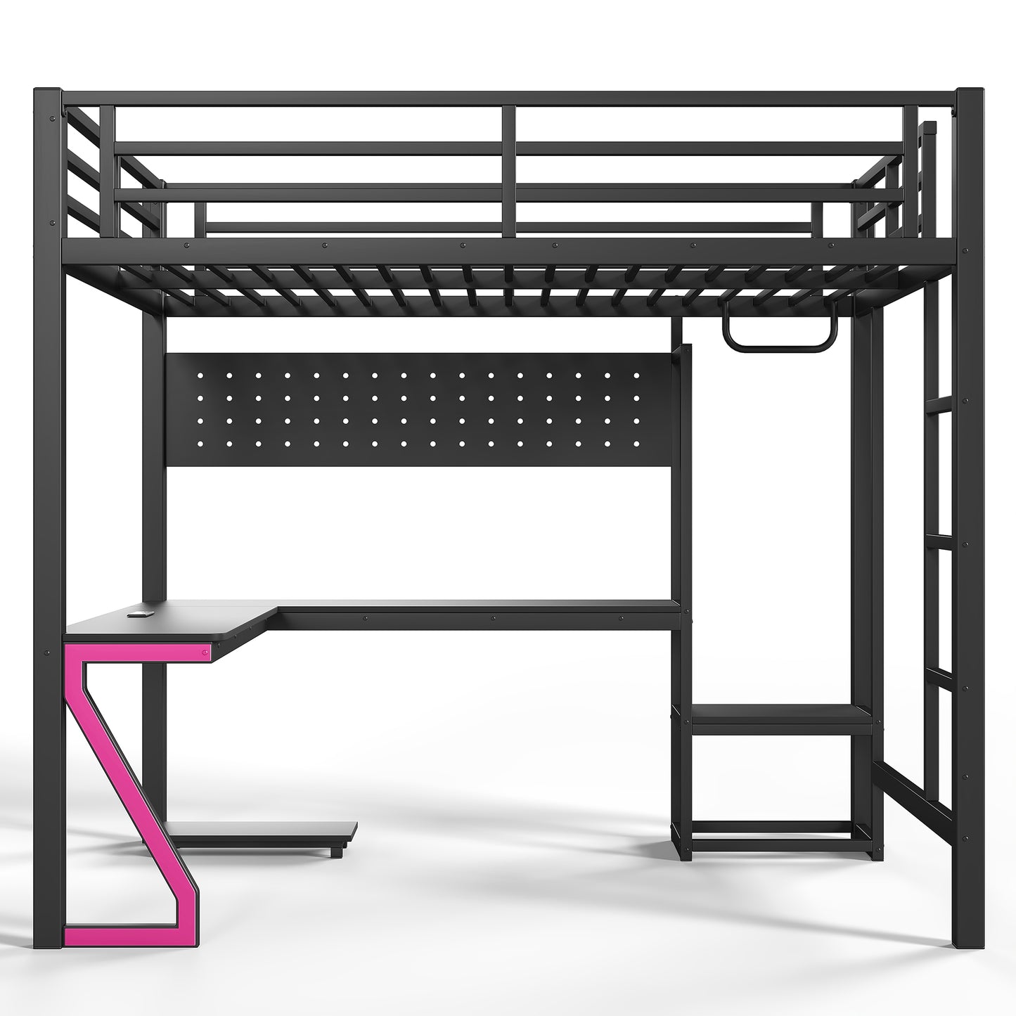 Full Loft Bed with L-shaped Desk and USB Ports, Metal Loft Bed with Computer Tray, Peg Board, and Gaming Style Z-shaped Lights, Black image 12