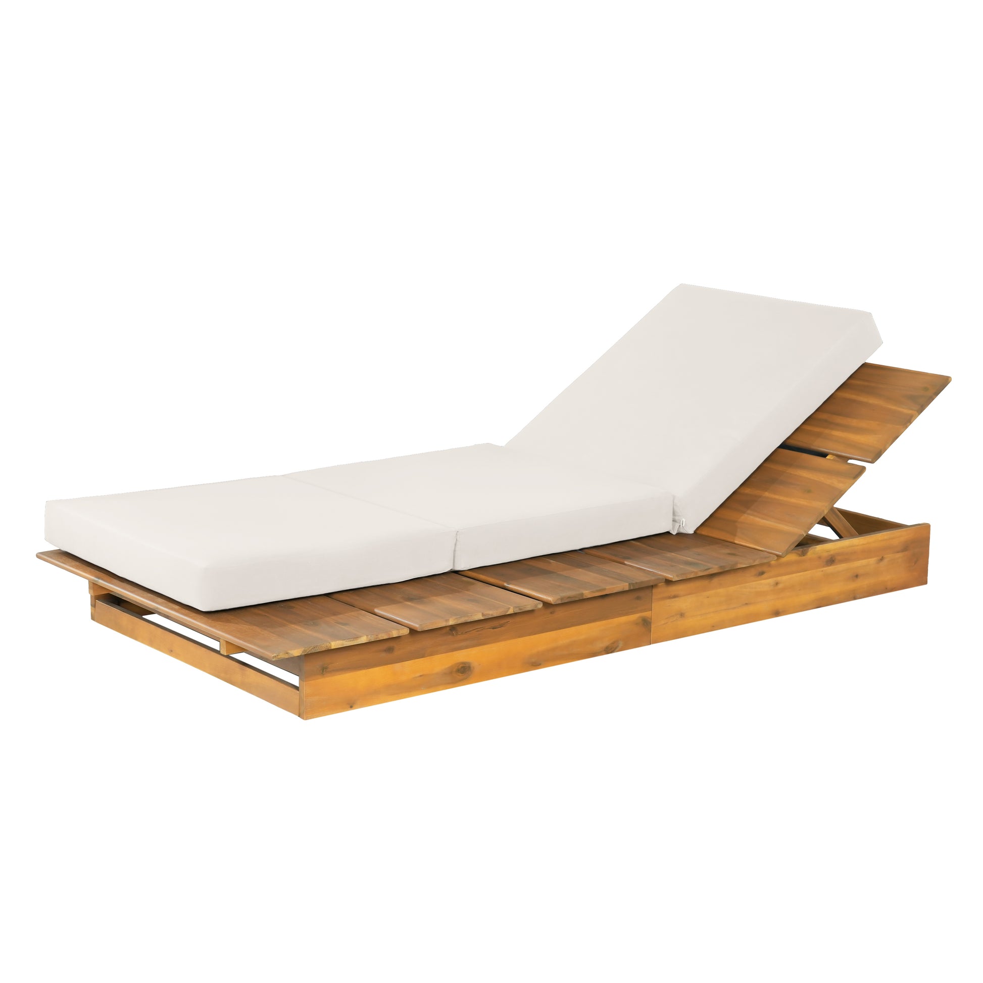 Acacia Wood Chaise Lounge with 4" Thick 3-Fold Cream Movable Cushion – Wide Teak Finish Patio Lounger, 3-Position Recliner, 400 lbs Capacity image 9