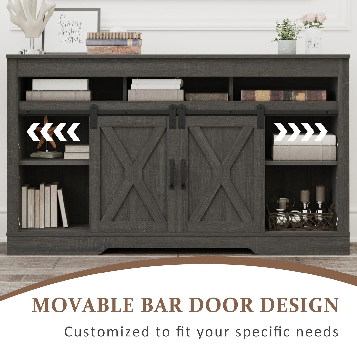 Farmhouse TV Stand with Sliding Barn Door for TVs up to 65+ Inch, 34" Tall Entertainment Center, Wood Media Console Storage Cabinet for Bedroom, Living Room, Dark Grey image 5