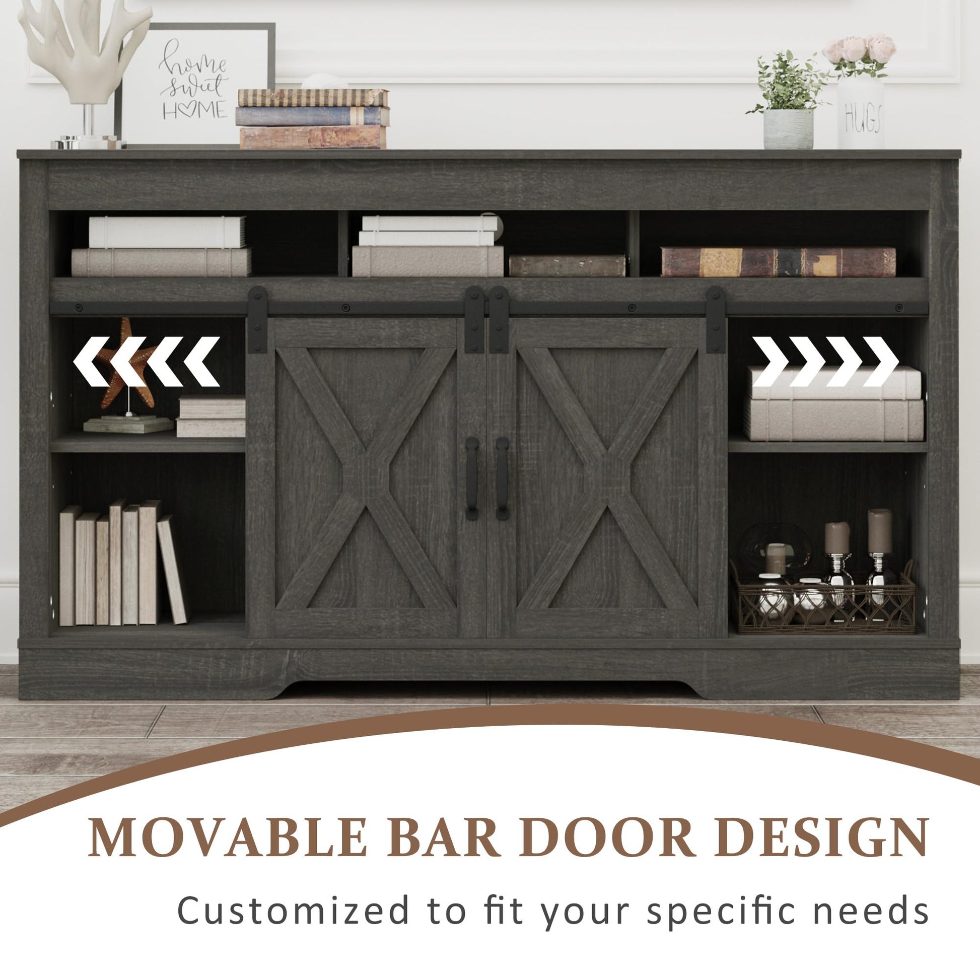 Farmhouse TV Stand with Sliding Barn Door for TVs up to 65+ Inch, 34" Tall Entertainment Center, Wood Media Console Storage Cabinet for Bedroom, Living Room, Dark Grey image 5