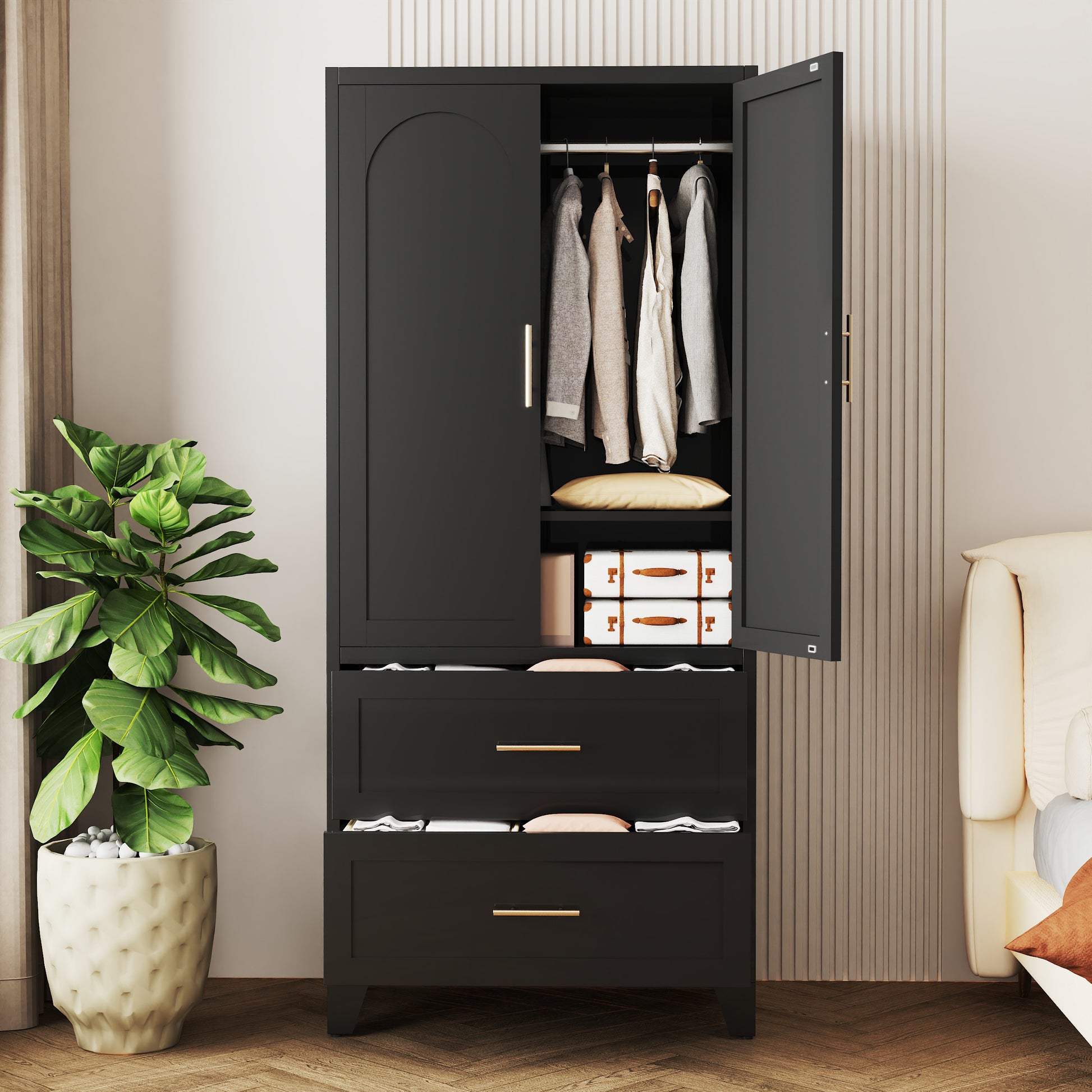 71" Tall Metal Wardrobe Cabinet with 2 Drawers and Hanging Rod, 2 Doors Wardrobe Closet with Shelf for Bedroom, Office, Laundry Room,Entryway,Foyer,Guesthouse (Black) image 9