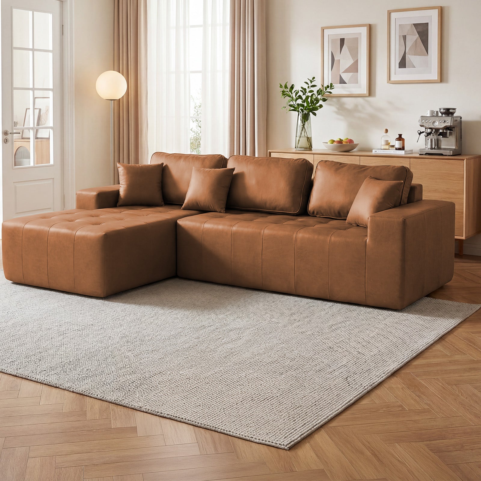Faux Leather Corner Chaise Compression Sofa Bed, L-Shaped Sectional Couch with High-Density Sponge, No-Assembly Required Convertible Sofa for Living Room, Apartment, Guest Room(Light Brown) image 1