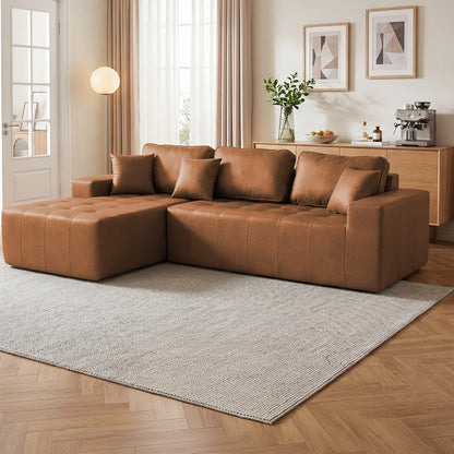 Faux Leather Corner Chaise Compression Sofa Bed, L-Shaped Sectional Couch with High-Density Sponge, No-Assembly Required Convertible Sofa for Living Room, Apartment, Guest Room(Light Brown) image 1