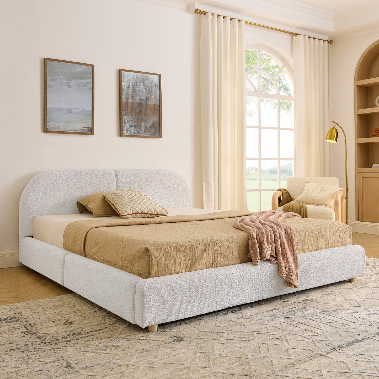 Queen Size Upholstered Bed Frame Modern Minimalist Style - Circle Yarn Fabric, Tall Curved Headboard, Sturdy Leg Support & Wheeled Drawer Storage, Mattress Not Included -Beige image 2