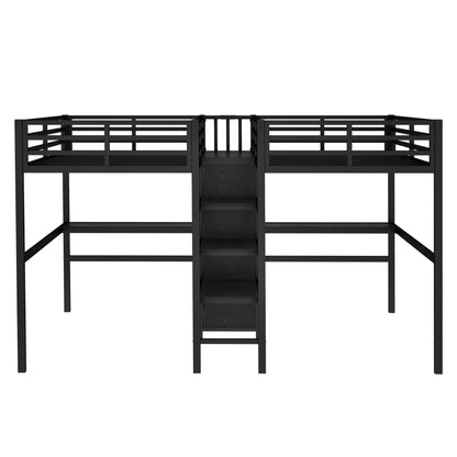 Twin Over Twin Metal Loft Bed with Double Desk and Wardrobe and Shelves with Electrical Outlet for Space Saving and Noise Reduction,Black image 10
