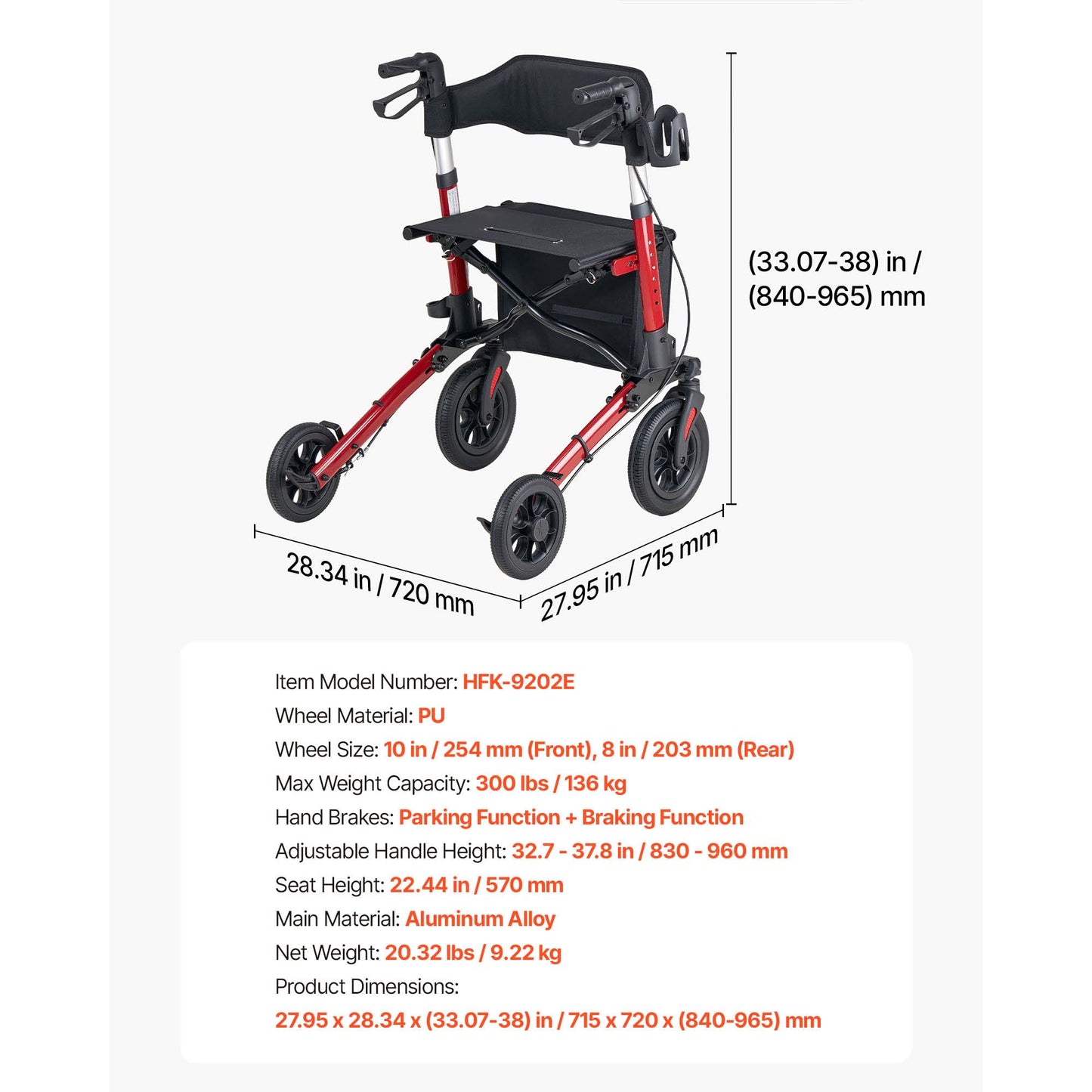 Rollator Walker with Seat for Seniors, Ultra Compact 3-Fold Rolling Walker, Lightweight Aluminum Mobility Walking Aid with PU Solid Wheels, Adjustable Handle, Cup & Cane Holder - Supports 300LBS image 9