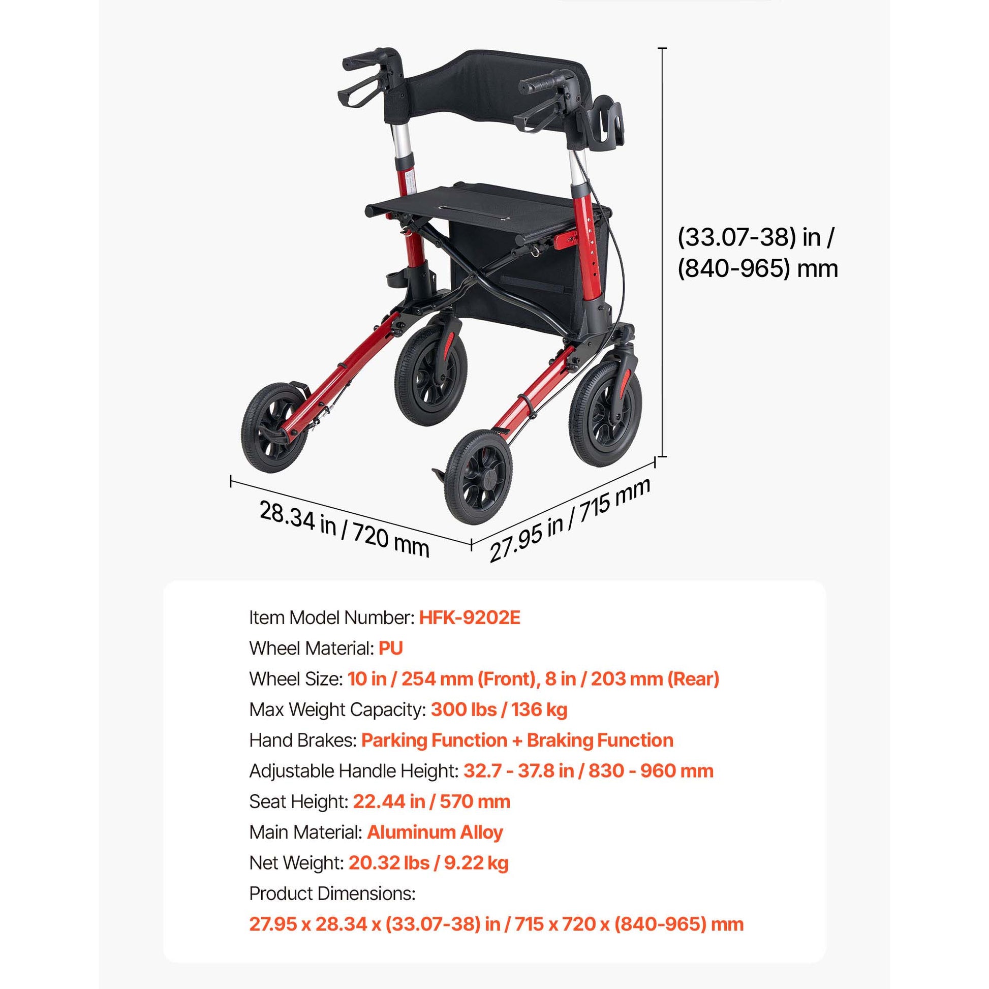 Rollator Walker with Seat for Seniors, Ultra Compact 3-Fold Rolling Walker, Lightweight Aluminum Mobility Walking Aid with PU Solid Wheels, Adjustable Handle, Cup & Cane Holder - Supports 300LBS image 9