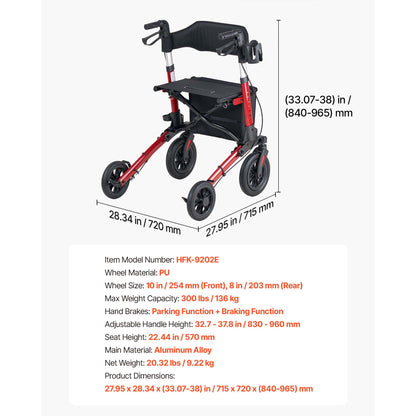 Rollator Walker with Seat for Seniors, Ultra Compact 3-Fold Rolling Walker, Lightweight Aluminum Mobility Walking Aid with PU Solid Wheels, Adjustable Handle, Cup & Cane Holder - Supports 300LBS image 9